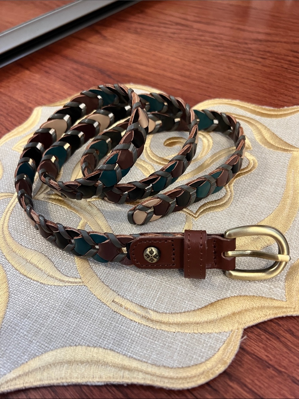 Patricia Nash Braided Leather Belt — Brown, Teal & Cream with Gold Buckle